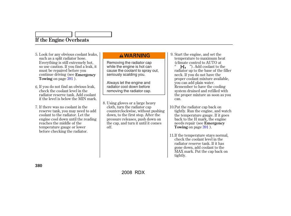 If the engine overheats | Acura 2008 RDX - Owner's Manual User Manual | Page 384 / 433