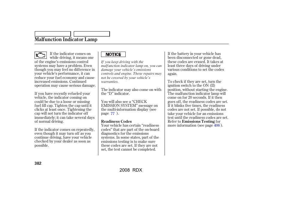 Malfunction indicator lamp | Acura 2008 RDX - Owner's Manual User Manual | Page 386 / 433