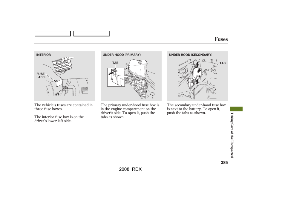 Fuses, 2008 rdx | Acura 2008 RDX - Owner's Manual User Manual | Page 389 / 433