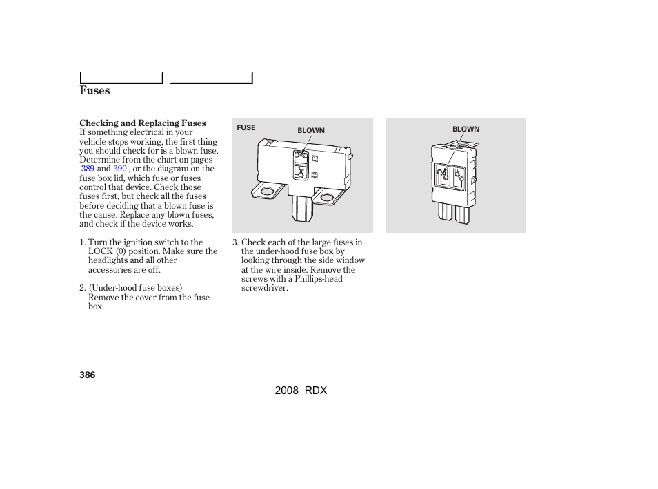 Fuses | Acura 2008 RDX - Owner's Manual User Manual | Page 390 / 433