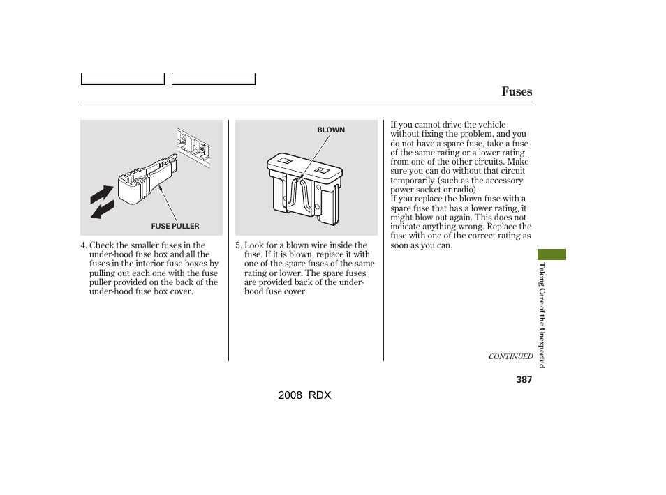 Fuses, 2008 rdx | Acura 2008 RDX - Owner's Manual User Manual | Page 391 / 433