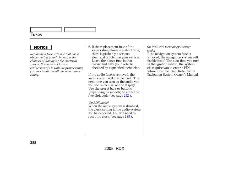 Fuses | Acura 2008 RDX - Owner's Manual User Manual | Page 392 / 433