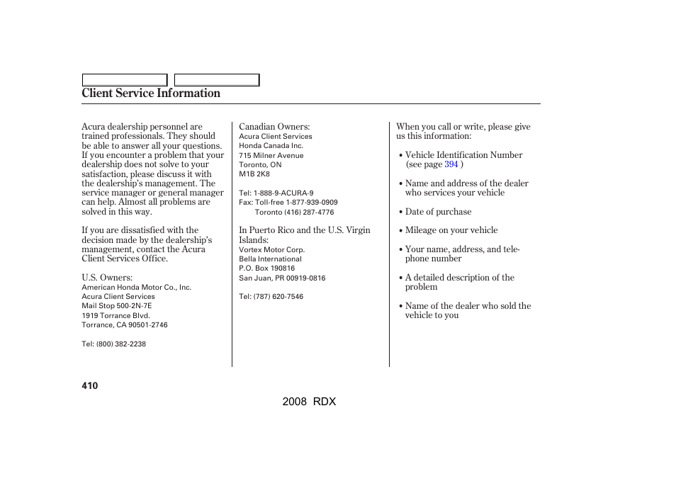 Client service information | Acura 2008 RDX - Owner's Manual User Manual | Page 414 / 433