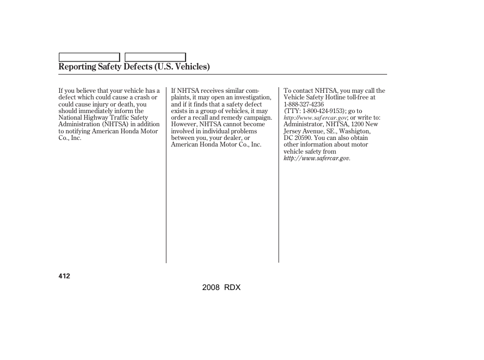 Reporting safety defects (u.s. vehicles) | Acura 2008 RDX - Owner's Manual User Manual | Page 416 / 433