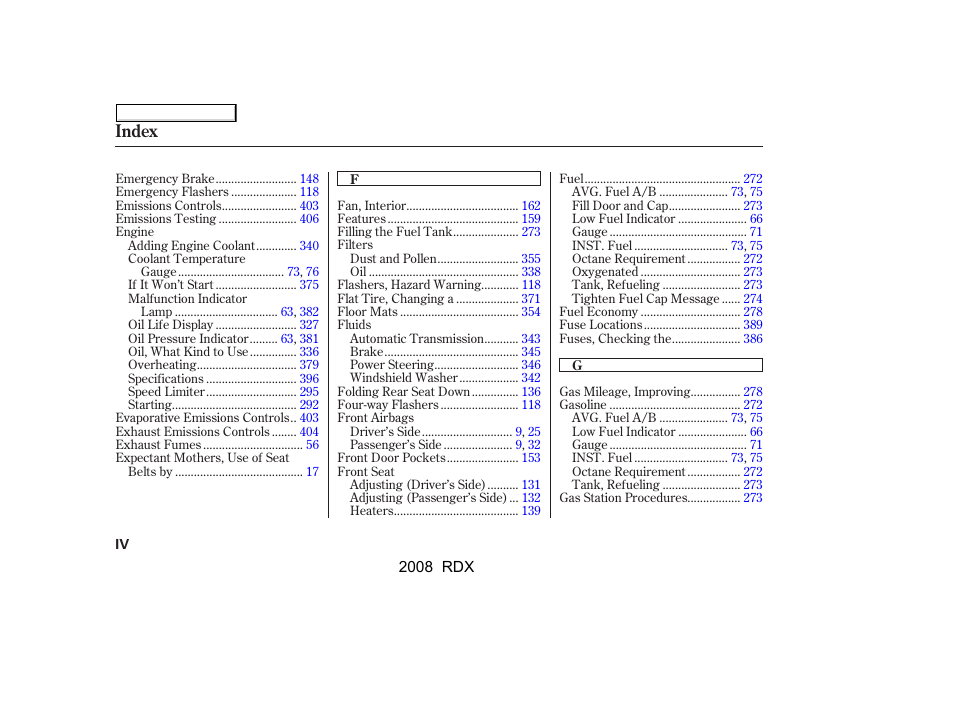 Index | Acura 2008 RDX - Owner's Manual User Manual | Page 422 / 433