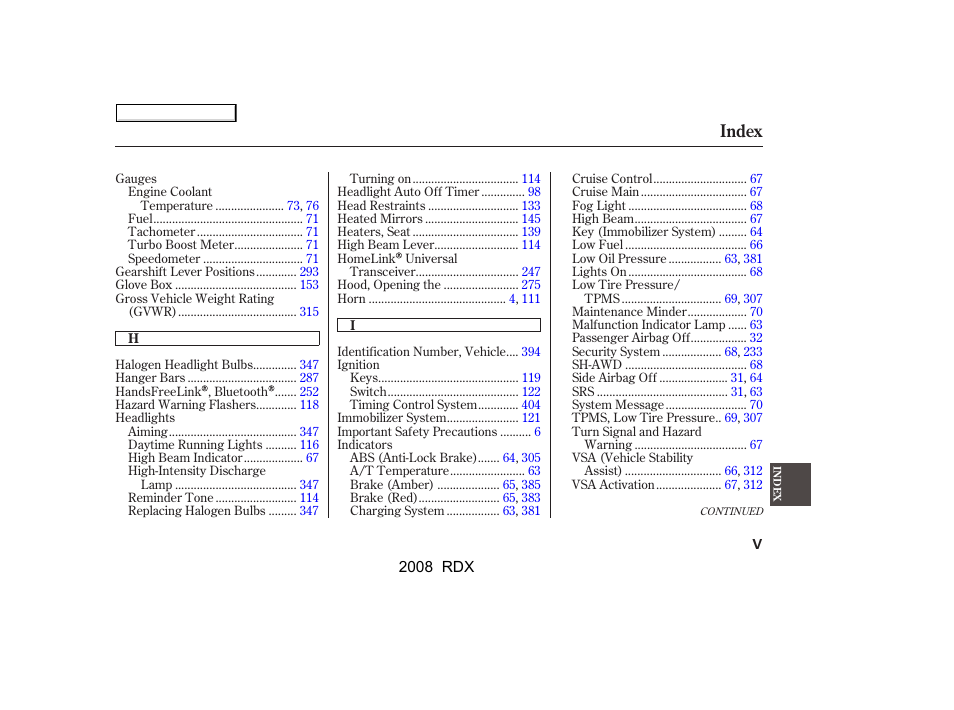 Index | Acura 2008 RDX - Owner's Manual User Manual | Page 423 / 433