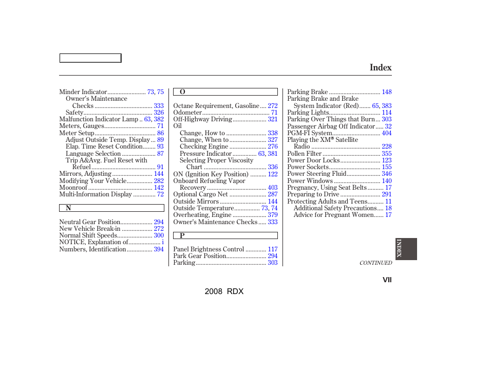 Index | Acura 2008 RDX - Owner's Manual User Manual | Page 425 / 433