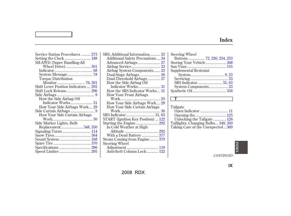 Index | Acura 2008 RDX - Owner's Manual User Manual | Page 427 / 433