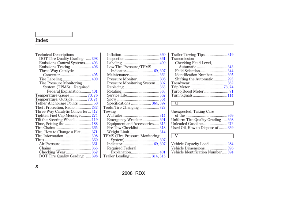 Index | Acura 2008 RDX - Owner's Manual User Manual | Page 428 / 433