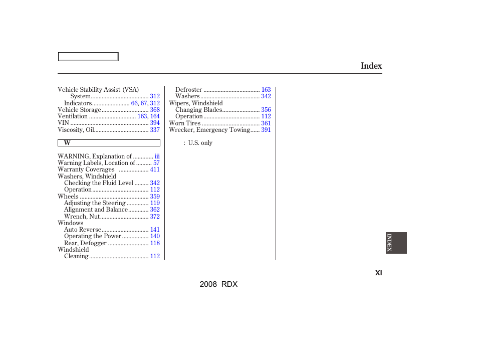 Index | Acura 2008 RDX - Owner's Manual User Manual | Page 429 / 433