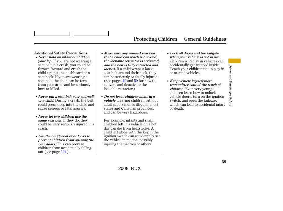 Protecting children general guidelines | Acura 2008 RDX - Owner's Manual User Manual | Page 43 / 433