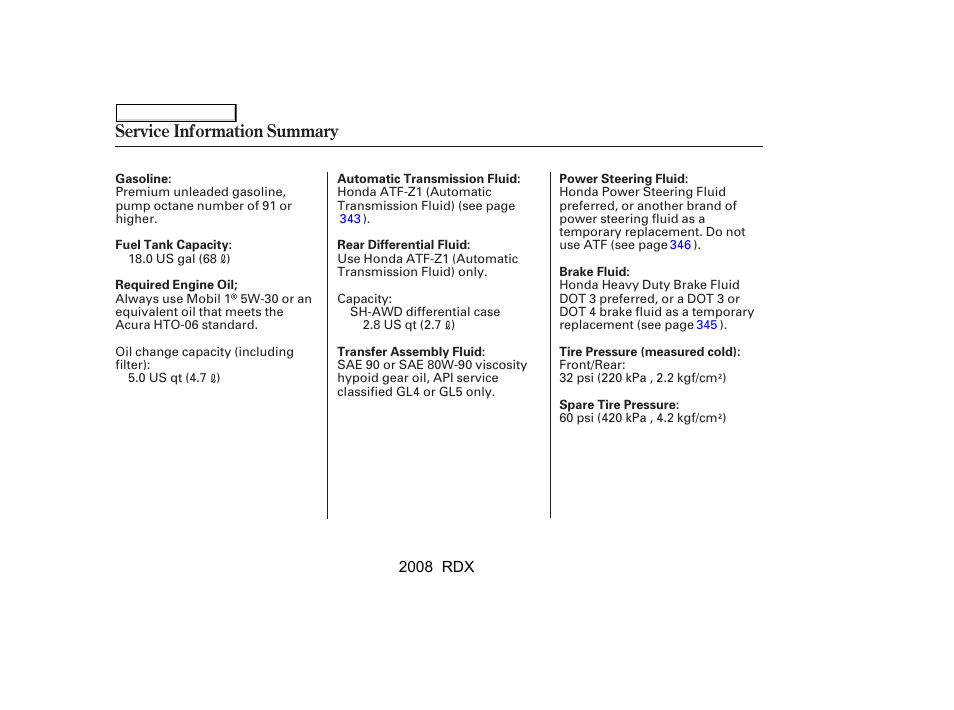 Service information summary | Acura 2008 RDX - Owner's Manual User Manual | Page 432 / 433