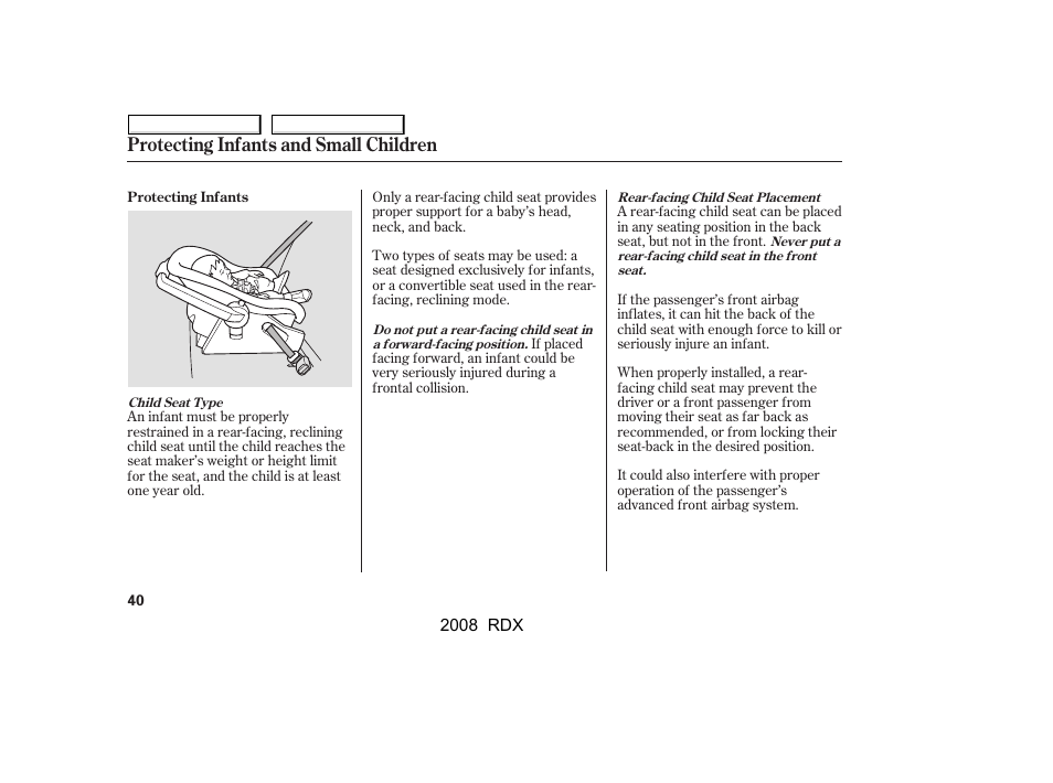 Protecting infants and small children | Acura 2008 RDX - Owner's Manual User Manual | Page 44 / 433