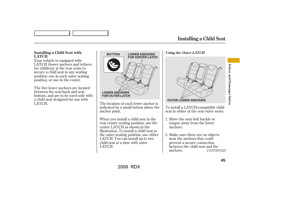 Installing a child seat, 2008 rdx | Acura 2008 RDX - Owner's Manual User Manual | Page 49 / 433