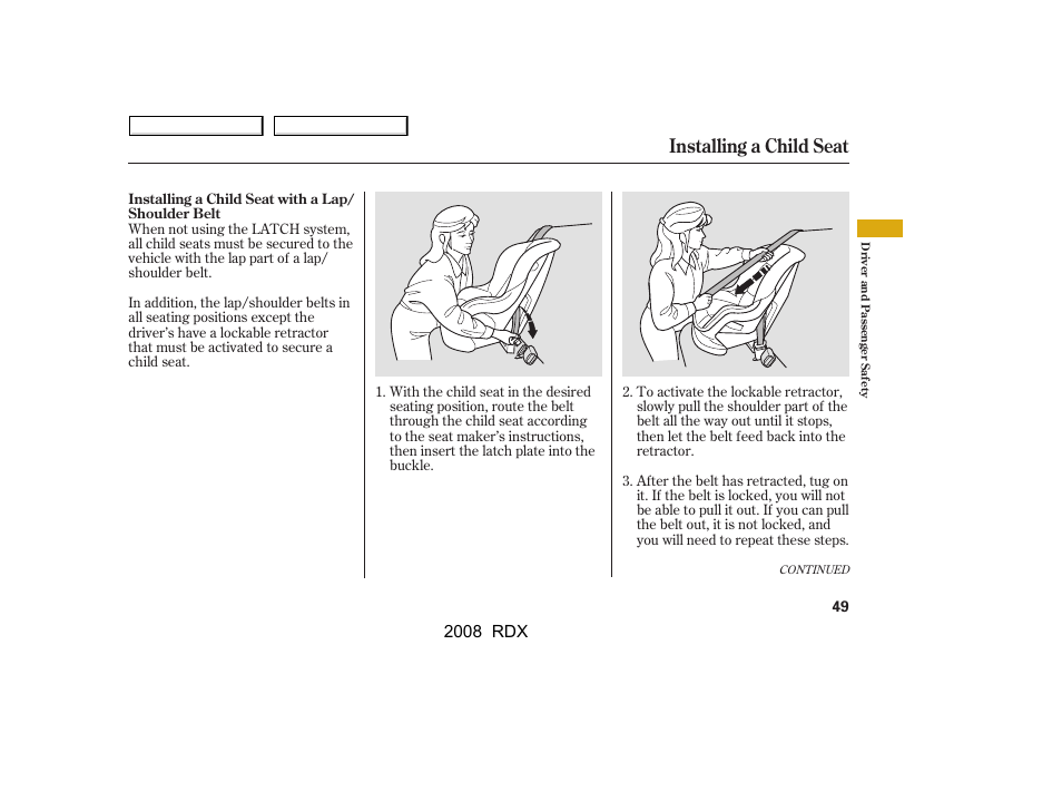 Installing a child seat, 2008 rdx | Acura 2008 RDX - Owner's Manual User Manual | Page 53 / 433