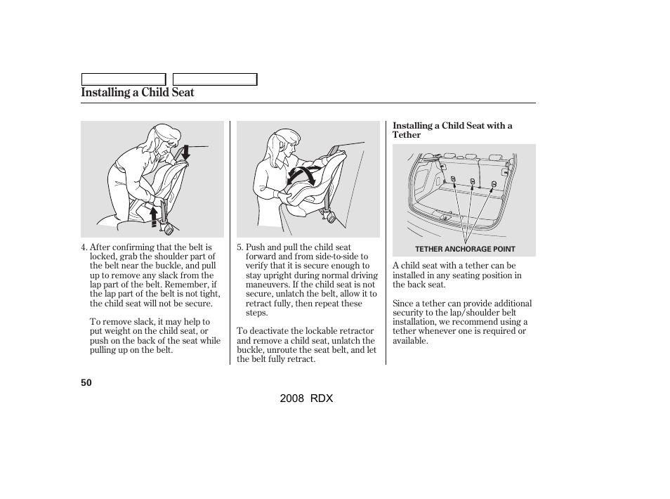 Installing a child seat | Acura 2008 RDX - Owner's Manual User Manual | Page 54 / 433