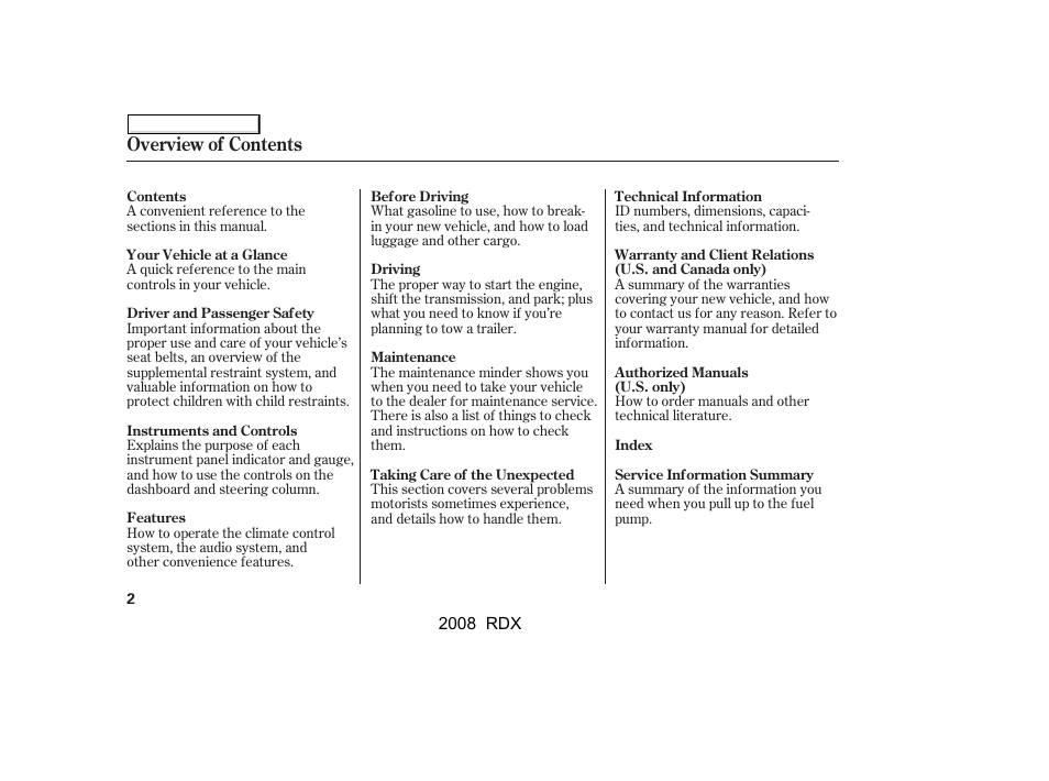 Overview of contents | Acura 2008 RDX - Owner's Manual User Manual | Page 6 / 433