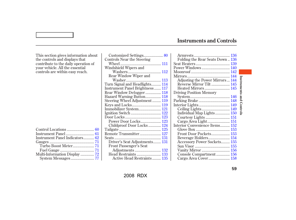 Instruments and controls | Acura 2008 RDX - Owner's Manual User Manual | Page 63 / 433
