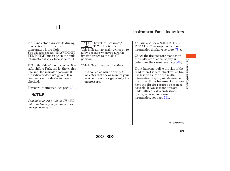 Instrument panel indicators | Acura 2008 RDX - Owner's Manual User Manual | Page 73 / 433