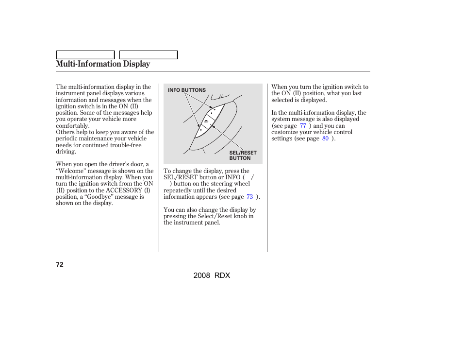 Multi-information display | Acura 2008 RDX - Owner's Manual User Manual | Page 76 / 433