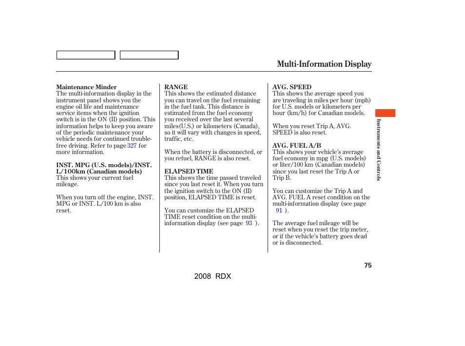 Multi-information display | Acura 2008 RDX - Owner's Manual User Manual | Page 79 / 433