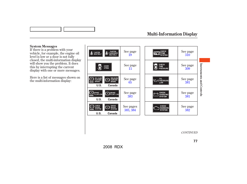 Multi-information display, 2008 rdx | Acura 2008 RDX - Owner's Manual User Manual | Page 81 / 433