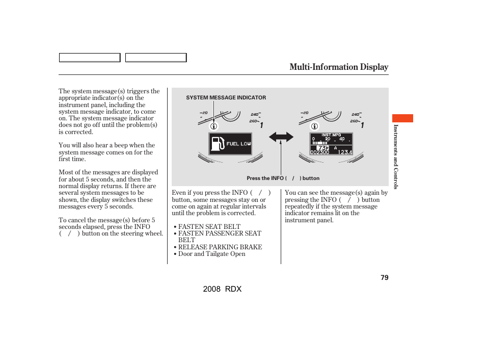 Multi-information display, 2008 rdx | Acura 2008 RDX - Owner's Manual User Manual | Page 83 / 433