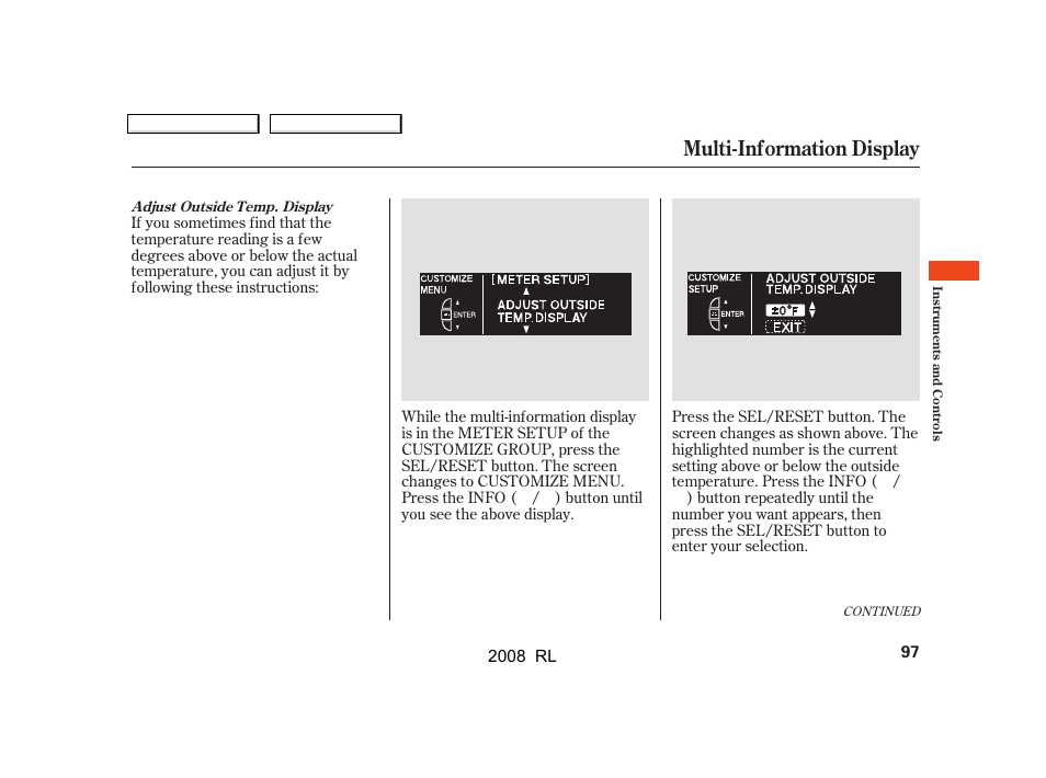 Multi-information display | Acura 2008 RL - Owner's Manual User Manual | Page 100 / 500