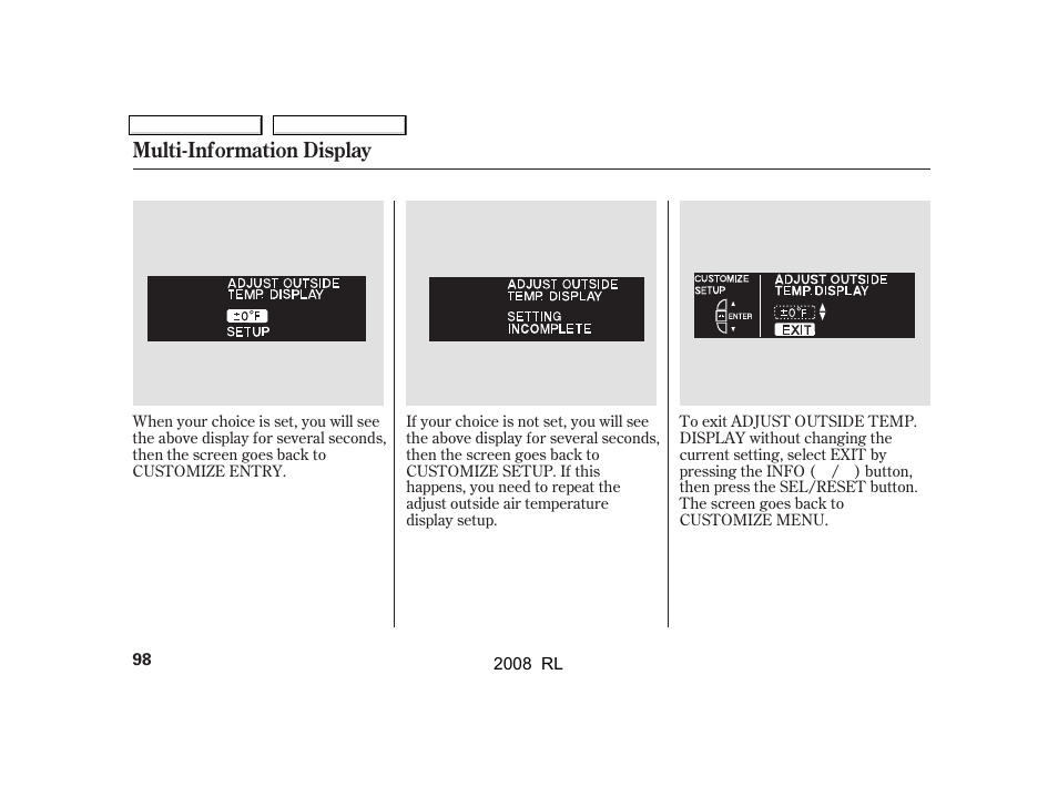 Multi-information display | Acura 2008 RL - Owner's Manual User Manual | Page 101 / 500