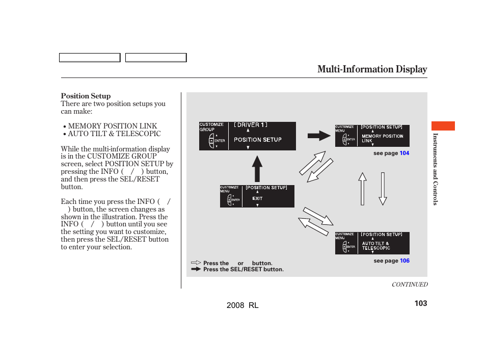 Multi-information display | Acura 2008 RL - Owner's Manual User Manual | Page 106 / 500