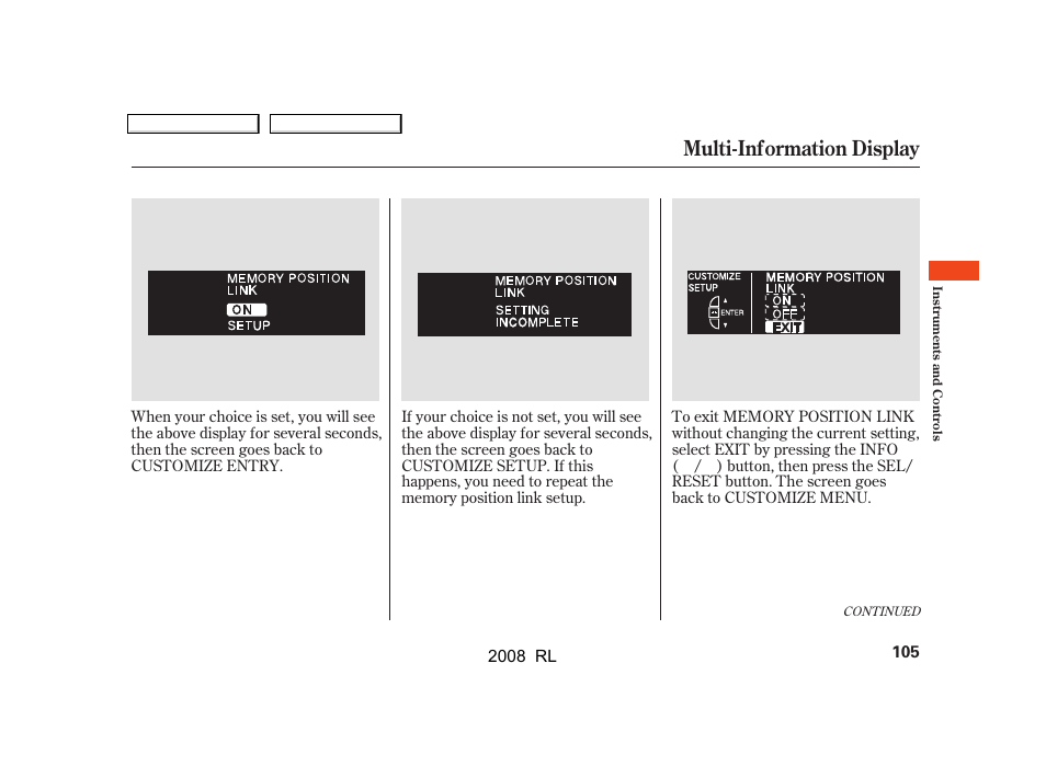 Multi-information display | Acura 2008 RL - Owner's Manual User Manual | Page 108 / 500