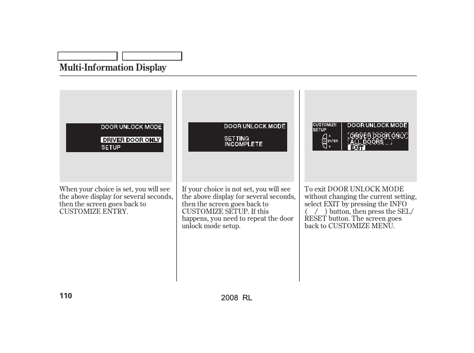 Multi-information display | Acura 2008 RL - Owner's Manual User Manual | Page 113 / 500