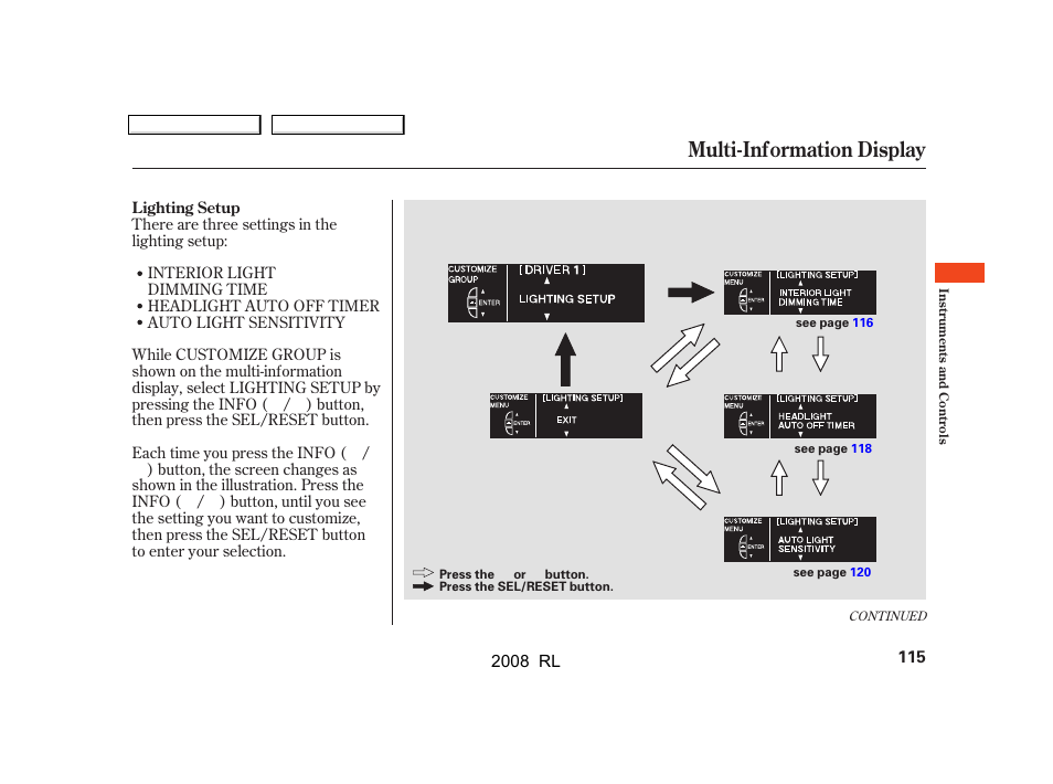 Multi-information display | Acura 2008 RL - Owner's Manual User Manual | Page 118 / 500