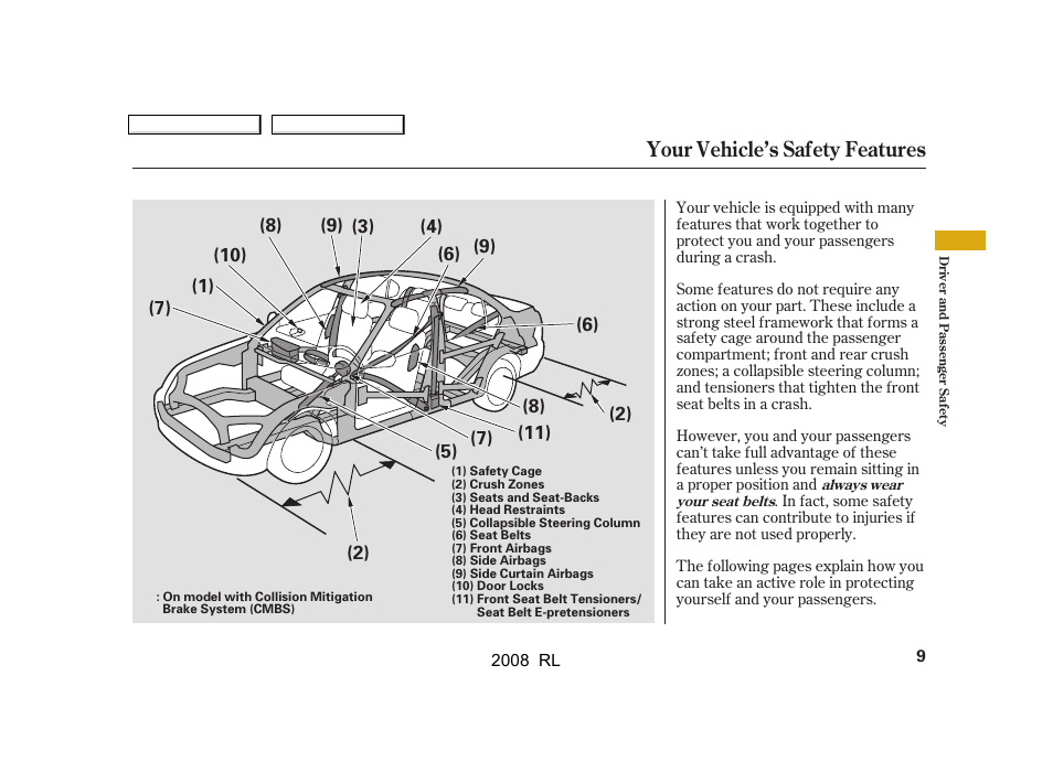 Your vehicle’s safety features | Acura 2008 RL - Owner's Manual User Manual | Page 12 / 500