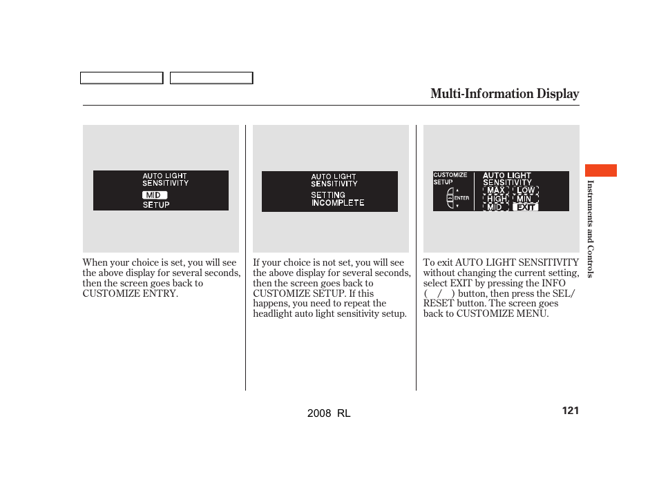 Multi-information display | Acura 2008 RL - Owner's Manual User Manual | Page 124 / 500