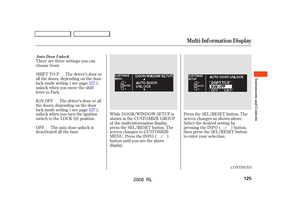 Multi-information display | Acura 2008 RL - Owner's Manual User Manual | Page 128 / 500