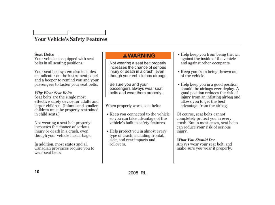 Your vehicle’s safety features | Acura 2008 RL - Owner's Manual User Manual | Page 13 / 500