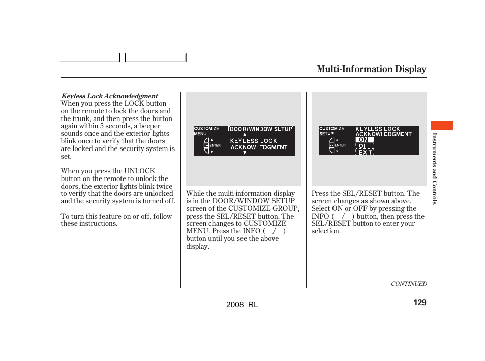 Multi-information display | Acura 2008 RL - Owner's Manual User Manual | Page 132 / 500