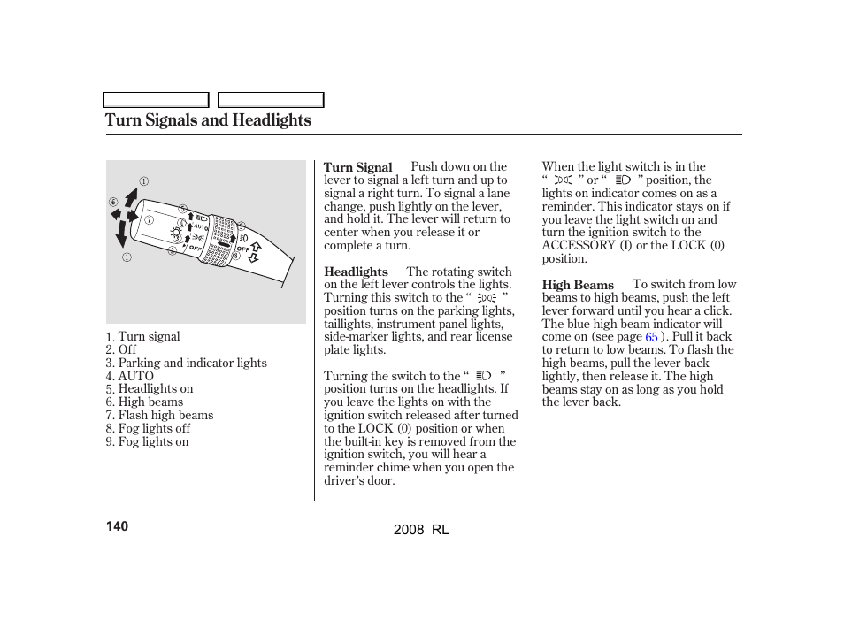 Turn signals and headlights | Acura 2008 RL - Owner's Manual User Manual | Page 143 / 500