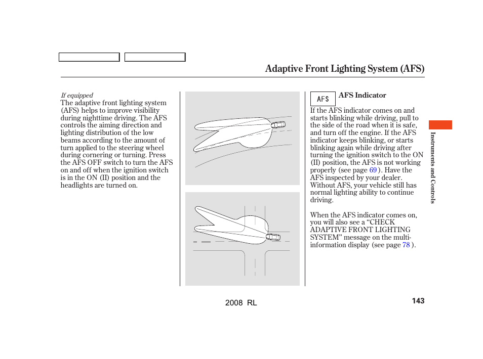 Adaptive front lighting system (afs) | Acura 2008 RL - Owner's Manual User Manual | Page 146 / 500