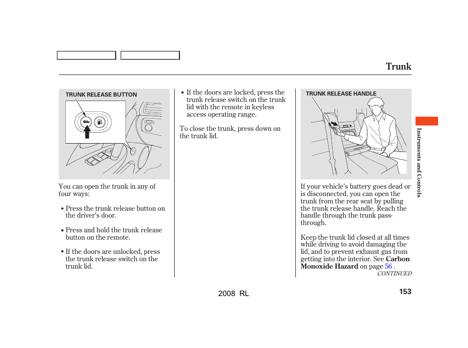 Trunk | Acura 2008 RL - Owner's Manual User Manual | Page 156 / 500