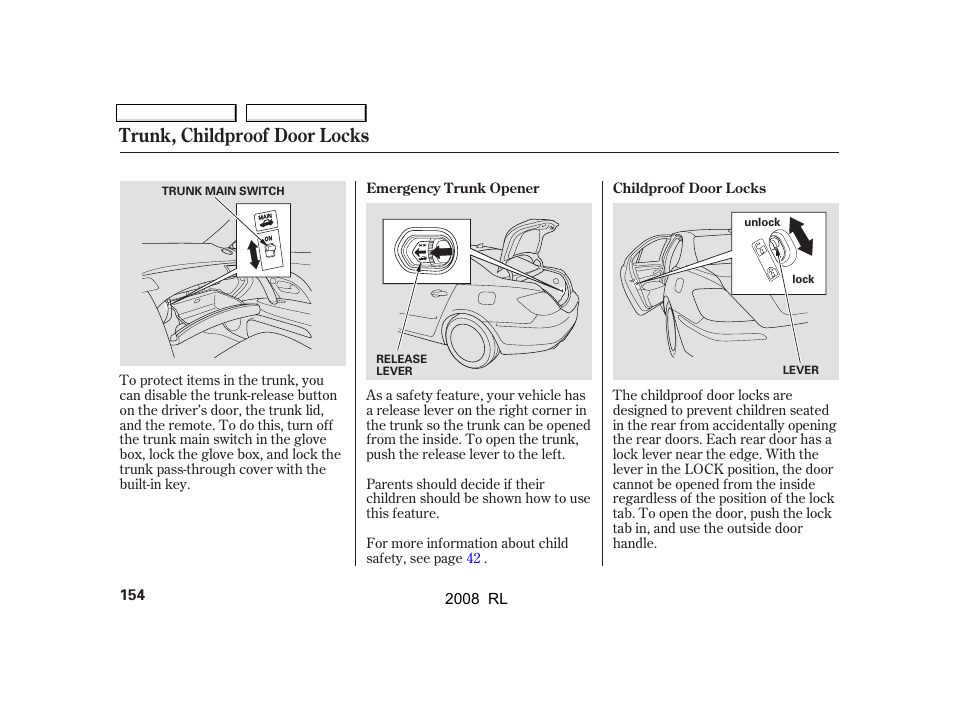 Trunk, childproof door locks | Acura 2008 RL - Owner's Manual User Manual | Page 157 / 500