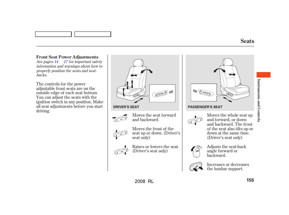 Seats | Acura 2008 RL - Owner's Manual User Manual | Page 158 / 500