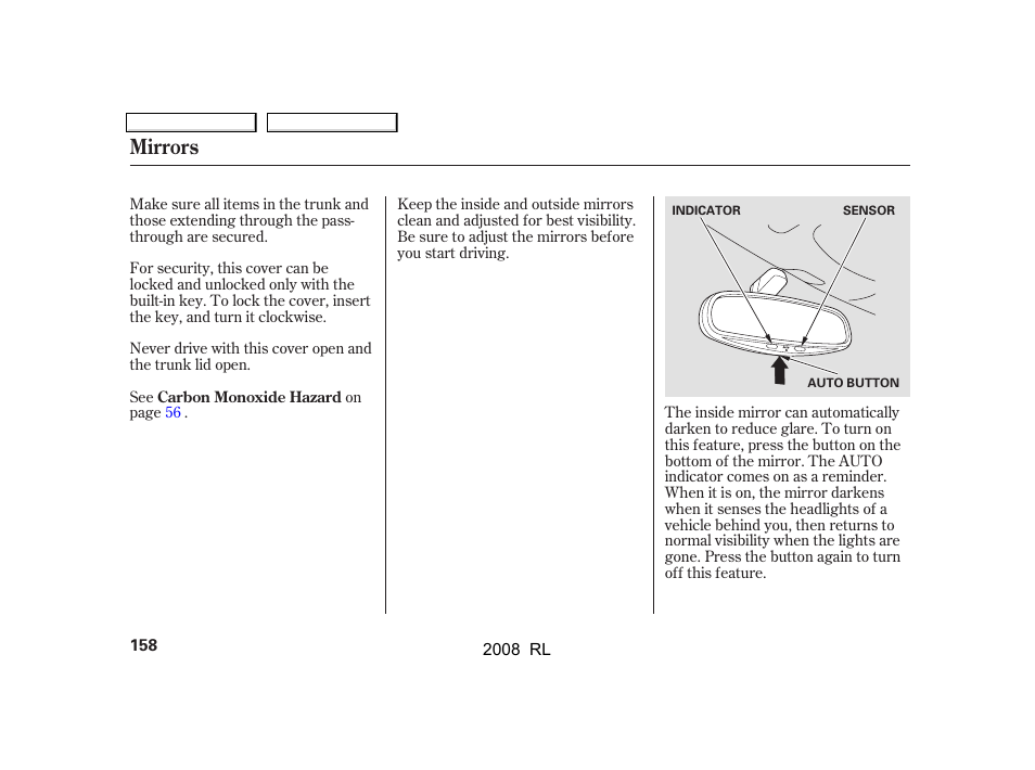 Mirrors | Acura 2008 RL - Owner's Manual User Manual | Page 161 / 500