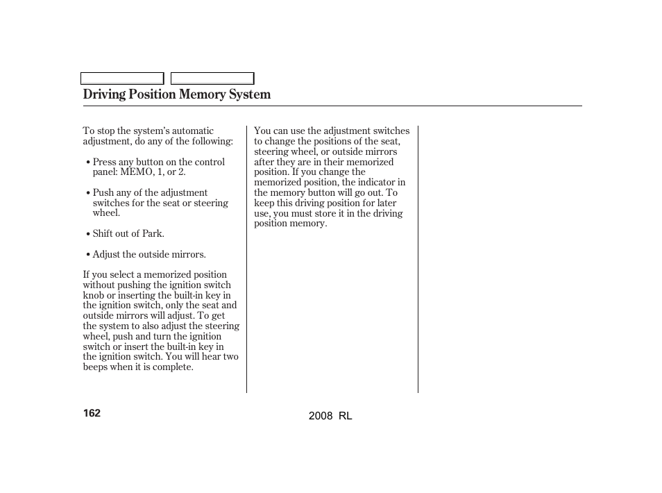 Acura 2008 RL - Owner's Manual User Manual | Page 165 / 500