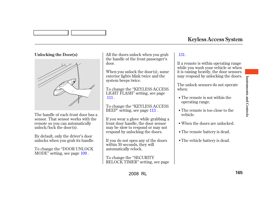 Keyless access system | Acura 2008 RL - Owner's Manual User Manual | Page 168 / 500