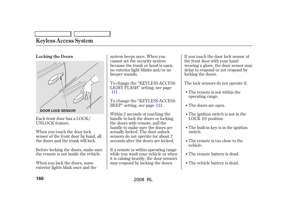 Keyless access system | Acura 2008 RL - Owner's Manual User Manual | Page 169 / 500