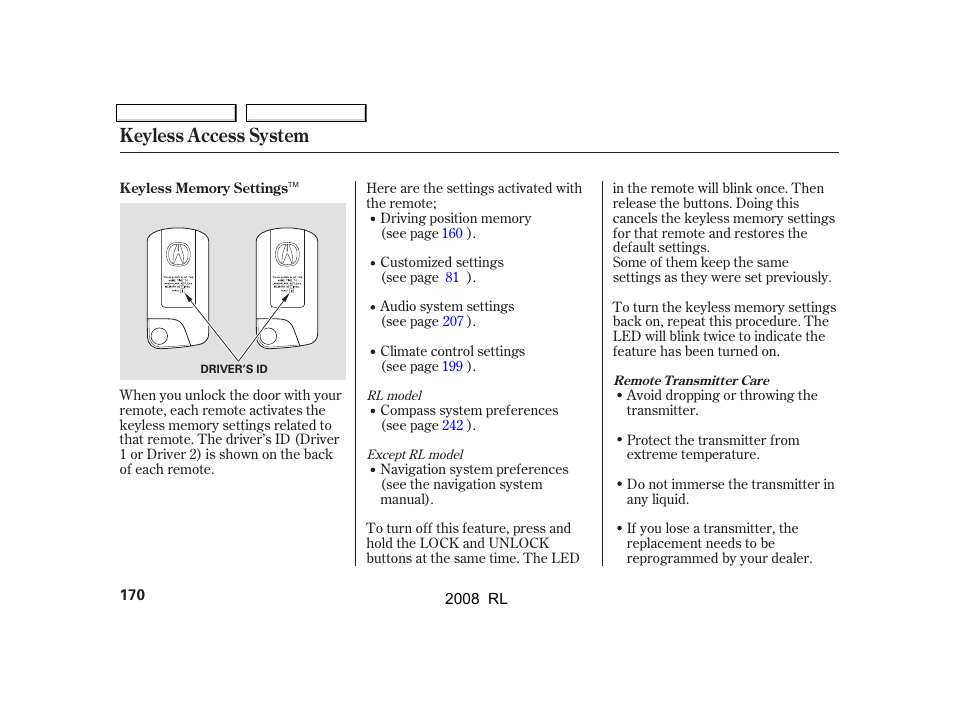 Keyless access system | Acura 2008 RL - Owner's Manual User Manual | Page 173 / 500