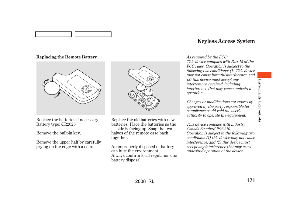 Keyless access system | Acura 2008 RL - Owner's Manual User Manual | Page 174 / 500