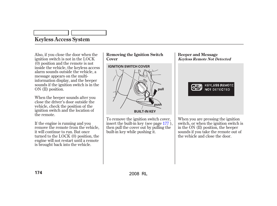 Keyless access system | Acura 2008 RL - Owner's Manual User Manual | Page 177 / 500